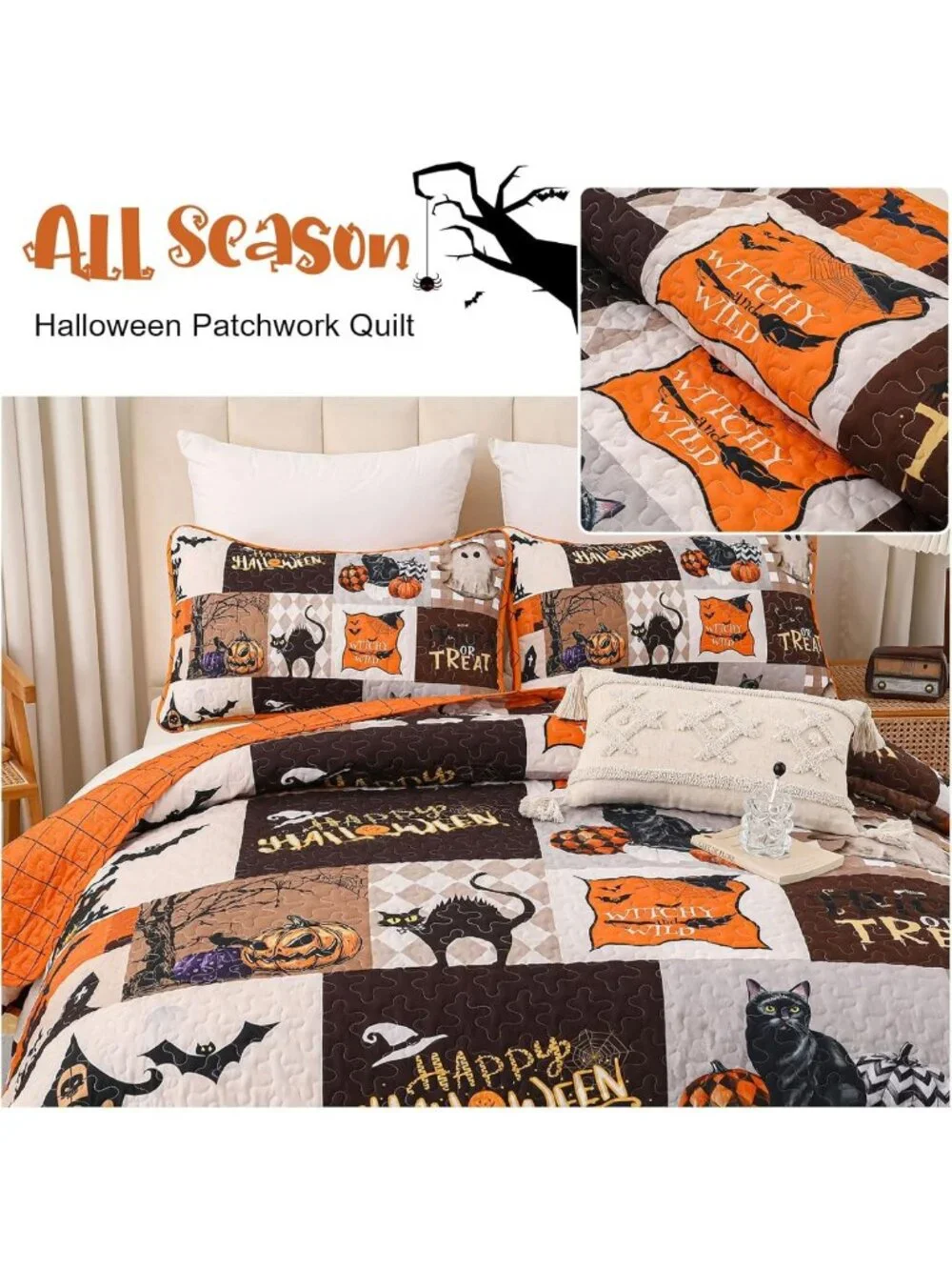 King Size Halloween Quilt Set - Fall Patchwork Bedspread 3-Piece Bedding Set